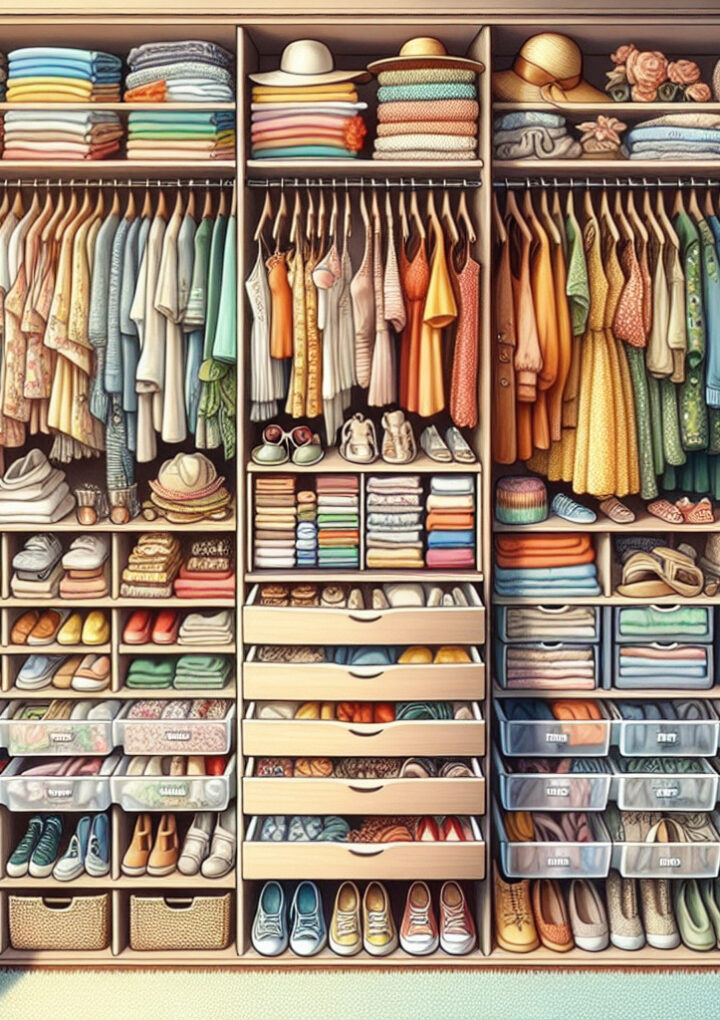 Porządek w szafie z artykułami sezonowymi: odzież letnia/zimowa.